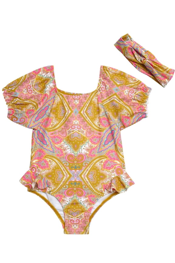 Toddler Girl Rash Guard Swimsuit with Headband, Sizes 12M-24M