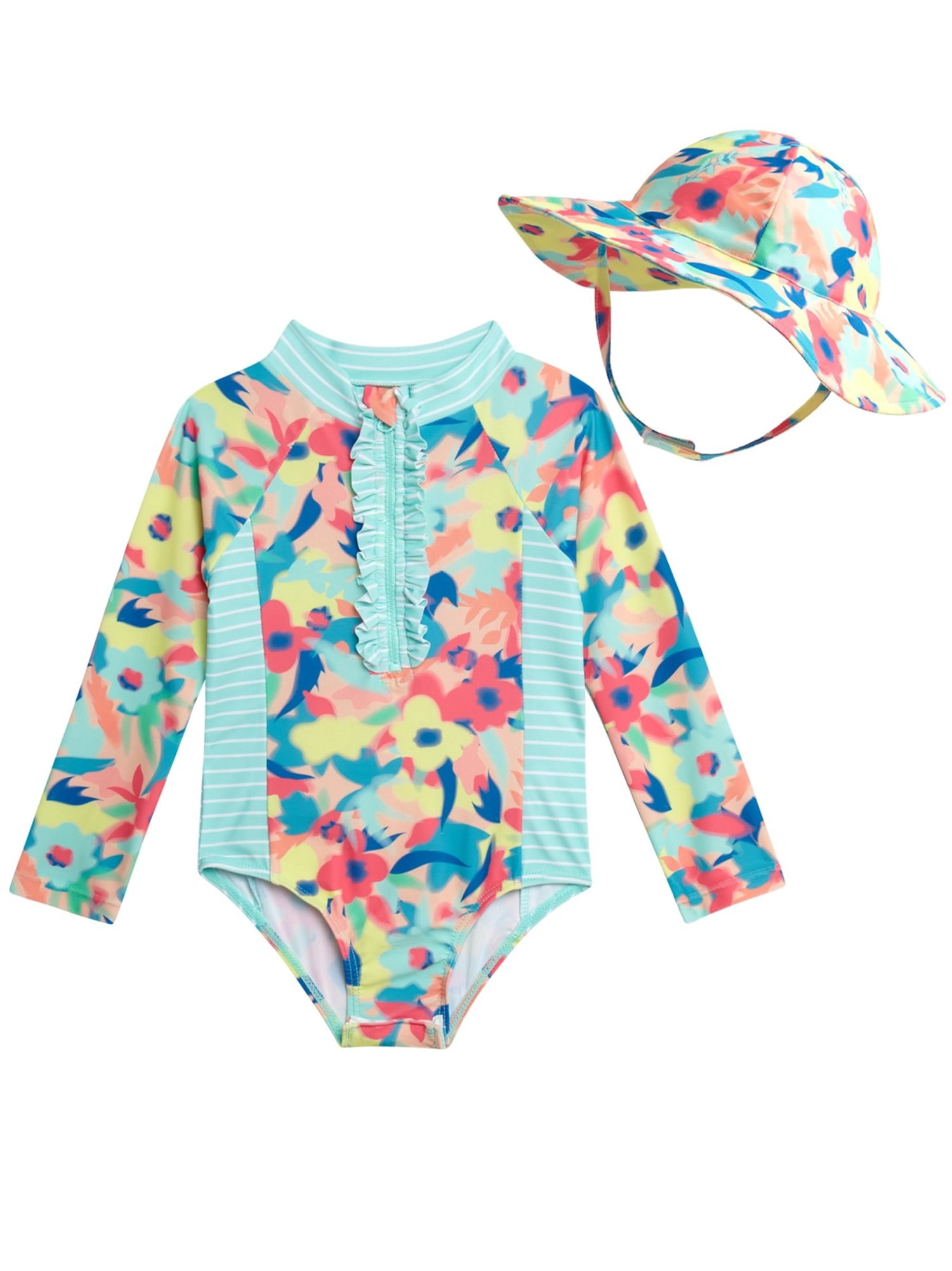 Jessica Simpson Toddler Girls' Rashguard Swimsuit with Hat, Sizes 12M-24M