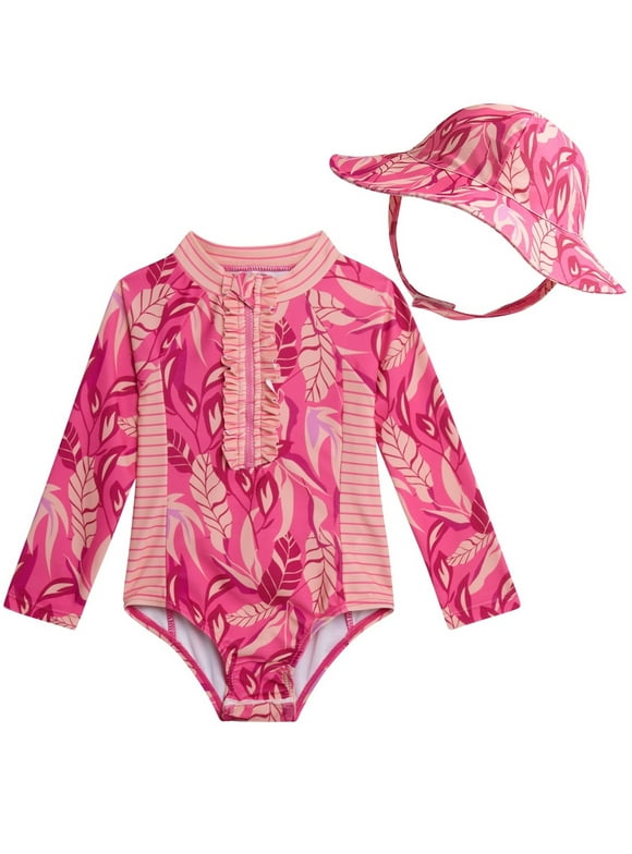 Toddler Girls' Rashguard Swimsuit with Hat, Sizes 12M-24M
