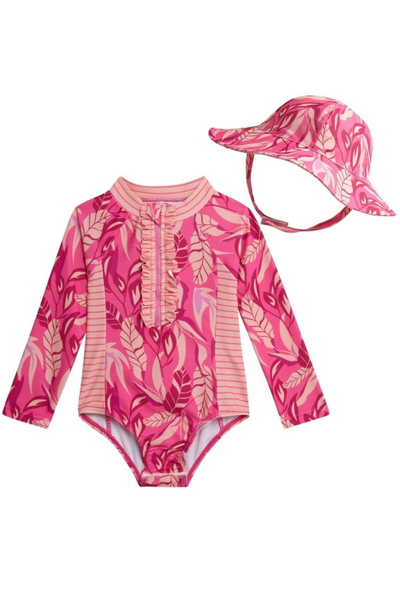 Toddler Girls' Rashguard Swimsuit with Hat, Sizes 12M-24M