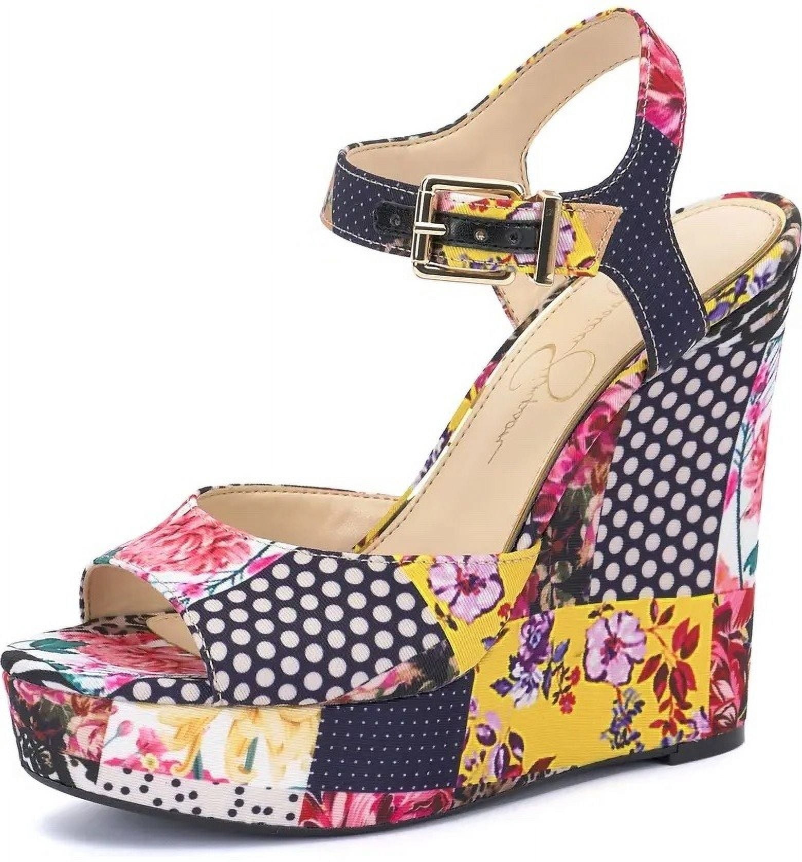 Whimsy Spring Sandals Jessica Simpson Tonnia Multi Whimsical Patchwork Ankle Strap Wedge Heel ...