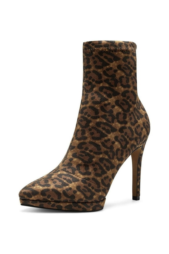 Valyn Leopard High Stiletto Heel Pointed Platform Bootie Natural (Natural, 8.5)
