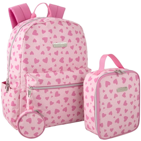 Jessica Simpson Women’s 3 Piece Laptop Backpack with Matching Keychain Coin Purse and Insulated Lunch Bag for Commuting and Travel in Happy Pink Hearts