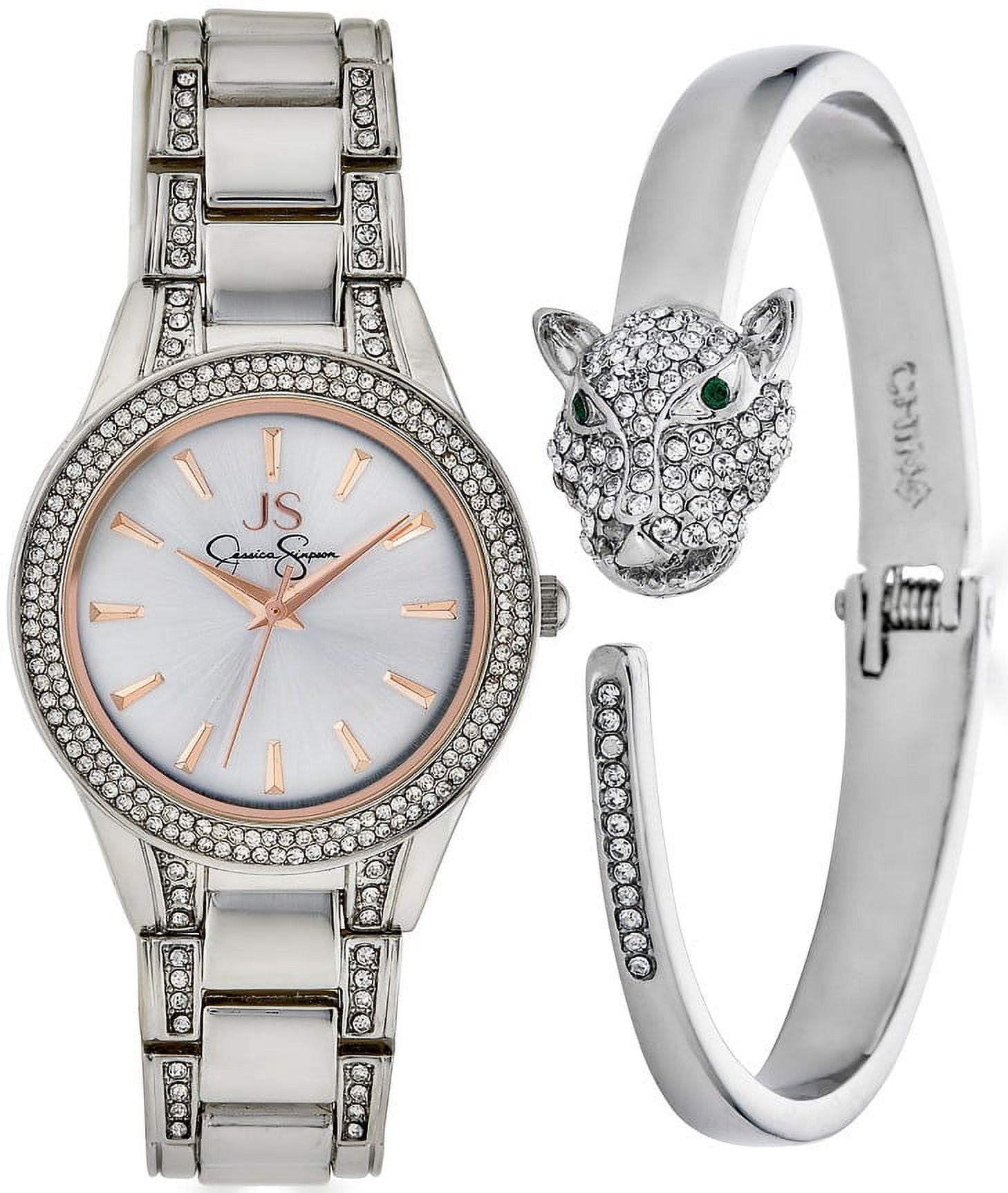 Jessica Simpson Women's 34mm Silver Tone Crystal Watch & Panther Bracelet Set