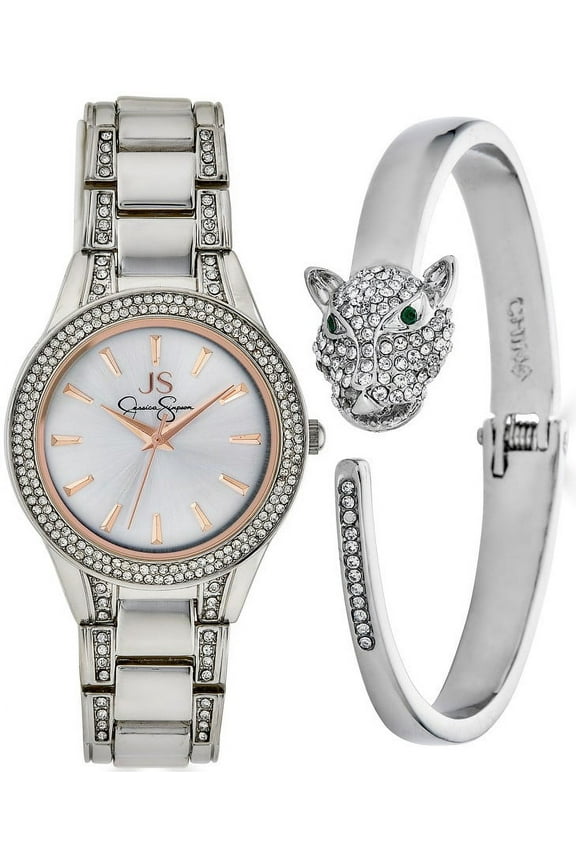 Jessica Simpson Women's 34mm Silver Tone Crystal Watch & Panther Bracelet Set