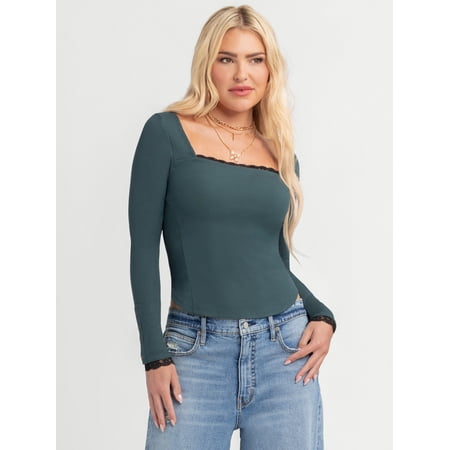 Jessica Simpson Women's and Women's Plus Aleera Ribbed Knit Top with Lace Trim, Sizes XS-4X