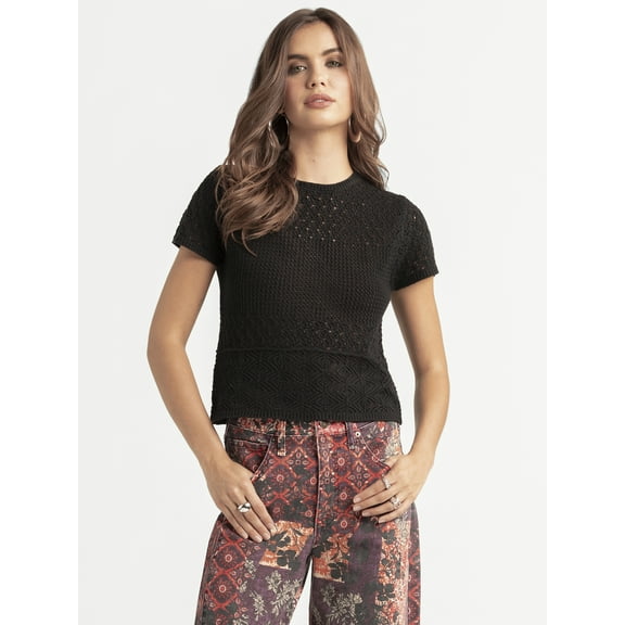 Jessica Simpson Women's Alicia Crochet Tee with Lace Up Back, Sizes XS-XL