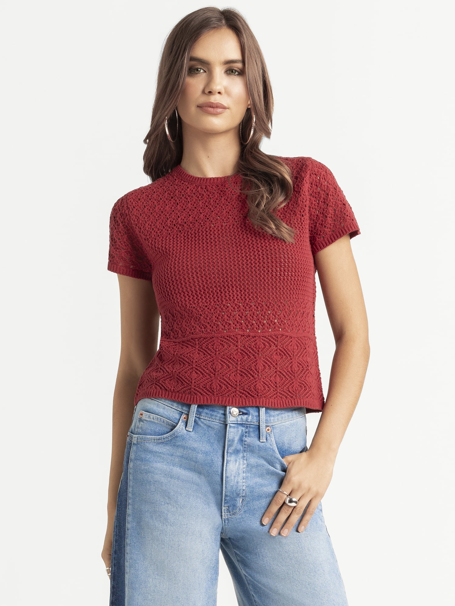 Jessica Simpson Women's Alicia Crochet Tee with Lace Up Back, Sizes XS-XL