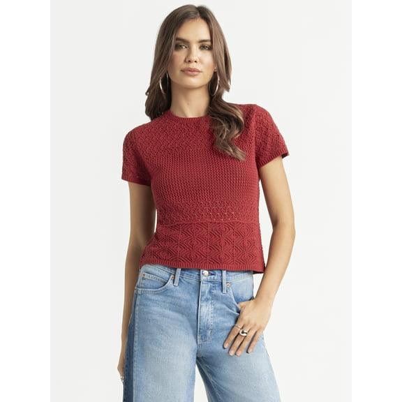 Jessica Simpson Women's Alicia Crochet Tee with Lace Up Back, Sizes XS-XL