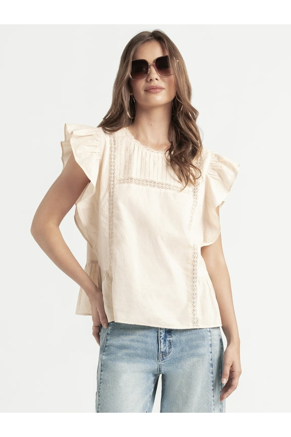 Women’s Bowie Cotton Blouse with Ruffle Sleeves, Sizes XS-XL