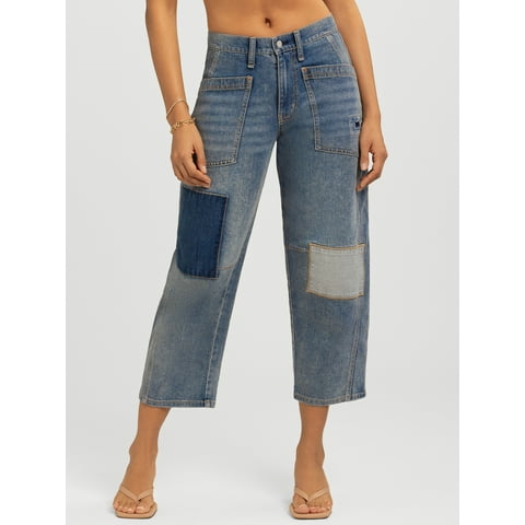 Women's and Women's Plus Cherry Cropped Patchwork Barrel Jeans, 26" Inseam, Sizes 2-24W