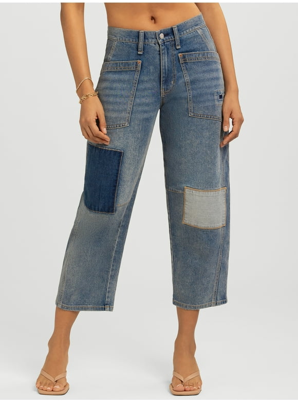 Women's and Women's Plus Cherry Cropped Patchwork Barrel Jeans, 26" Inseam, Sizes 2-24W