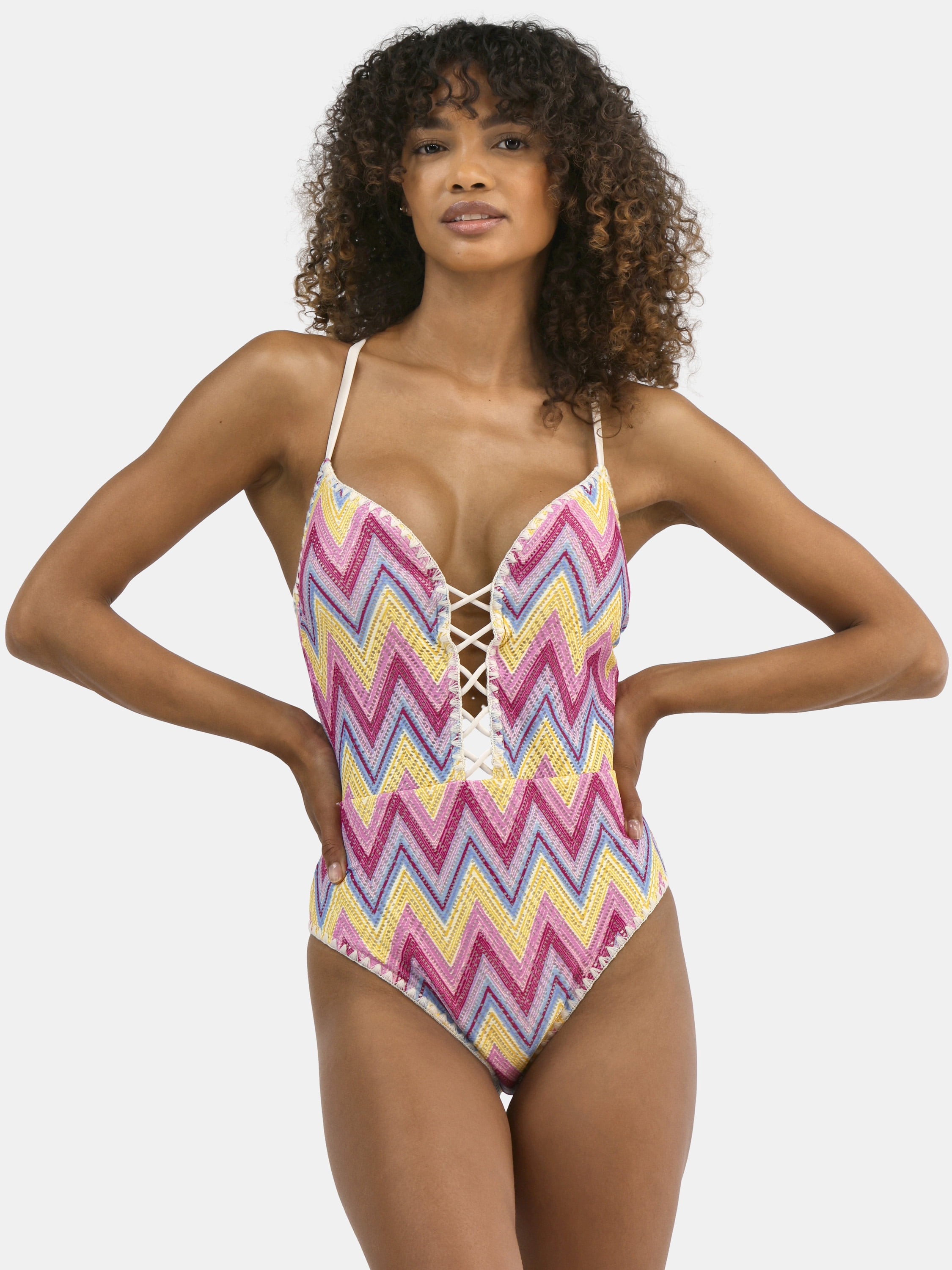 Jessica Simpson Women's Chevron Crochet One Piece Swimsuit