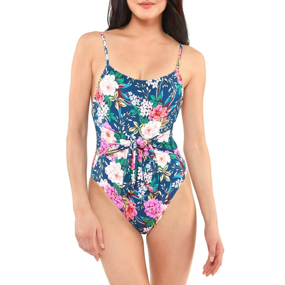 Jessica Simpson Women's Contemporary Gardenia Paradise Tie Waist Maillot One Piece Swimsuit