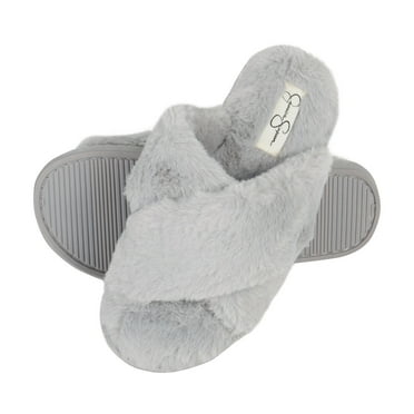 Jessica Simpson Women's Cross Band Soft Plush Memory Foam House Slipper Slide with Anti-Skid Sole