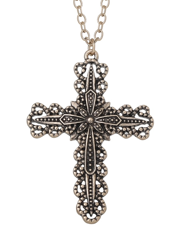 Women's Gold-Tone Layered Cross Necklace with Snake Chain and Link Chain