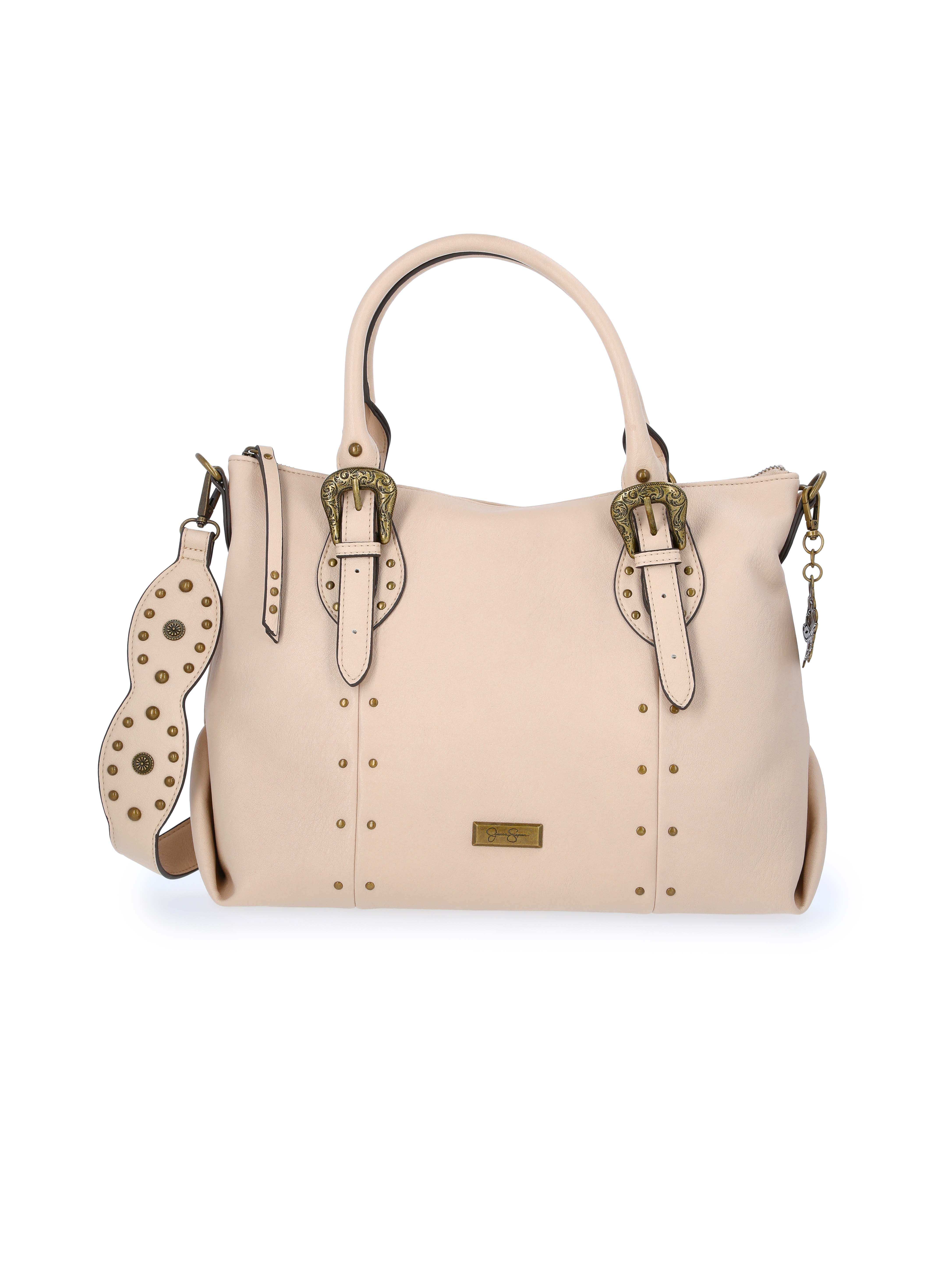 Jessica Simpson Women's Daphne Studded Faux Leather Satchel Handbag, Sandstone
