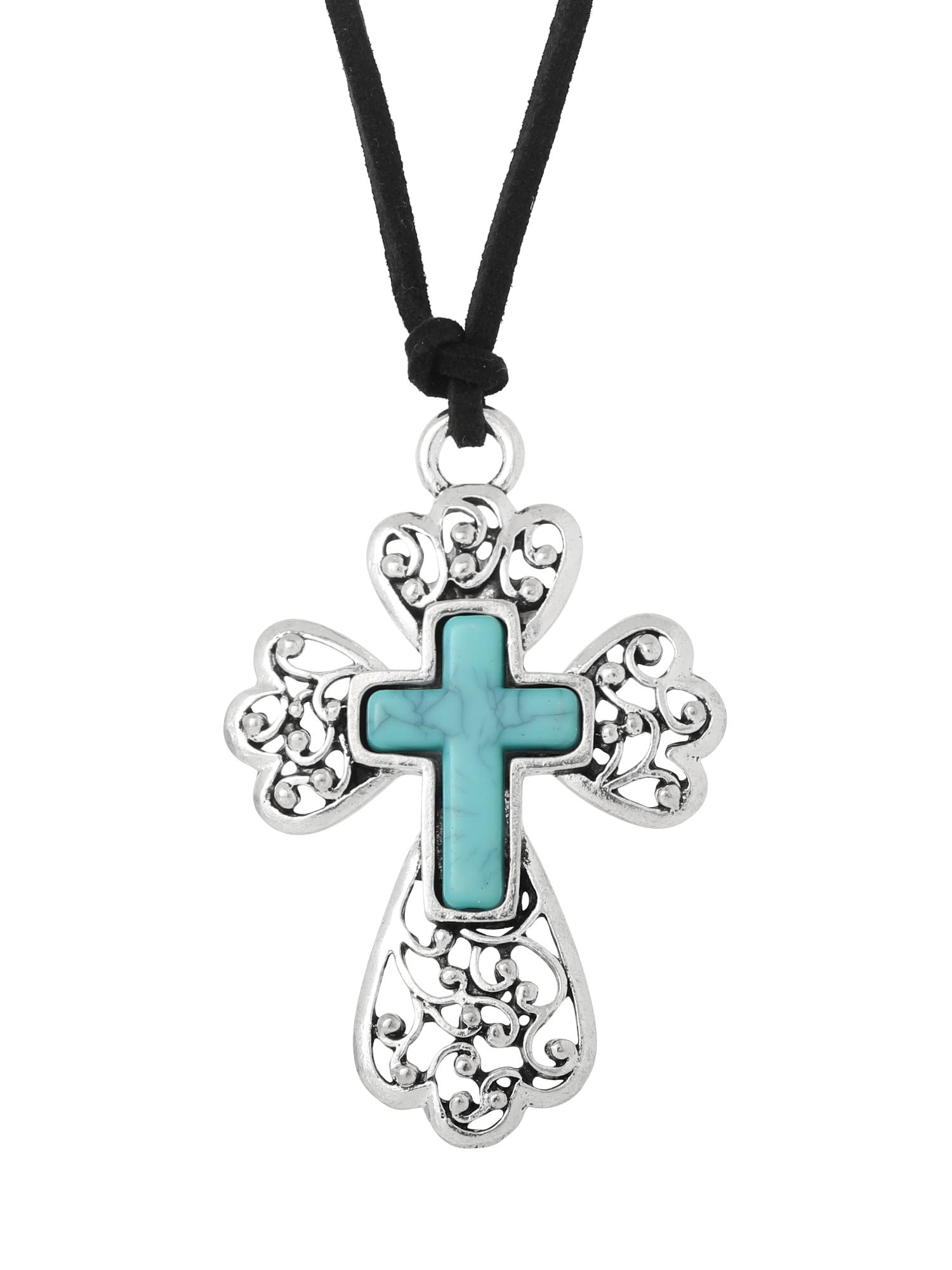 Jessica Simpson Women's Silver-Tone Cross Pendant Necklace with Turquoise Accent