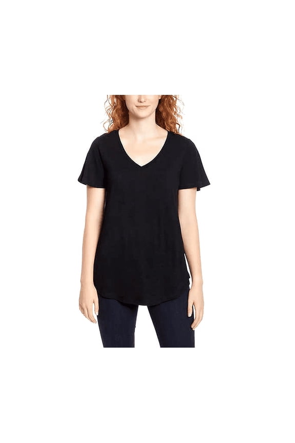 Women's Flutter Sleeve Tee Relaxed Fit V-Neck T-Shirt-Black / M