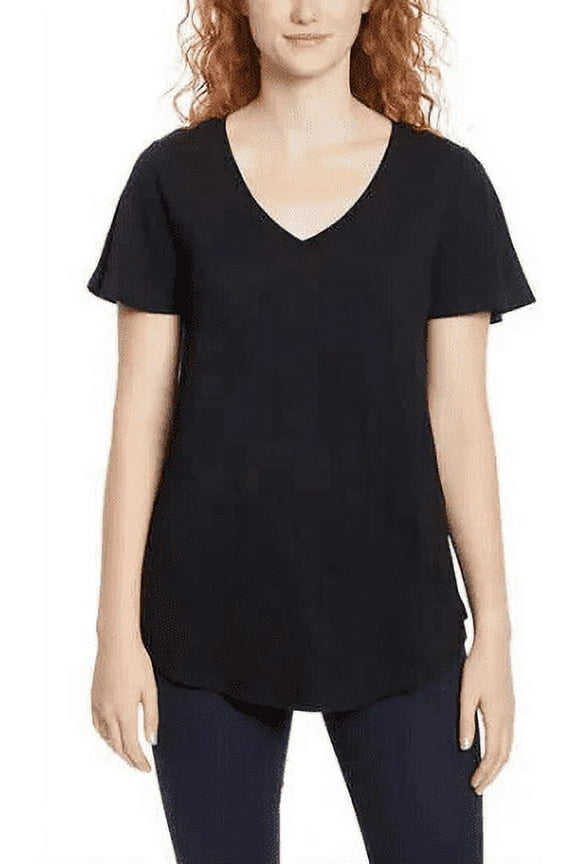 Women's Flutter Sleeve Tee Relaxed Fit V-Neck T-Shirt-Black / S