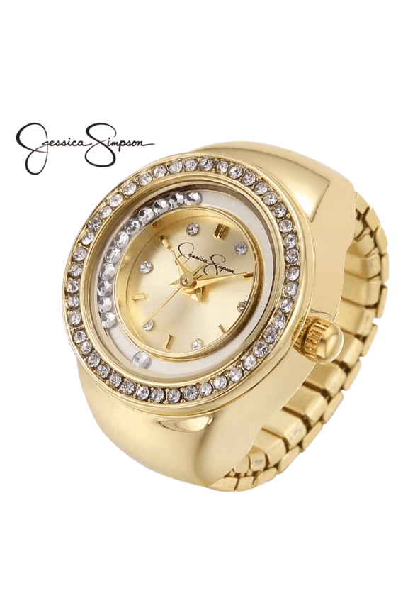 Women’s Gold Ring Watch – Adjustable Stretch Band, Crystal Bezel, Quartz Analog Mini Finger Watch