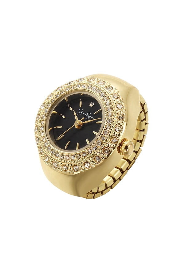 Women's Gold Adjustable Ring Watch – Crystal Bezel, Quartz Analog Mini Dial, Stretch Band Fashion Jewelry Accessory