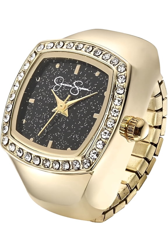 Women's Gold Adjustable Ring Watch Crystal Bezel, Quartz Analog Mini Dial, Stretch Band Fashion Jewelry Accessory