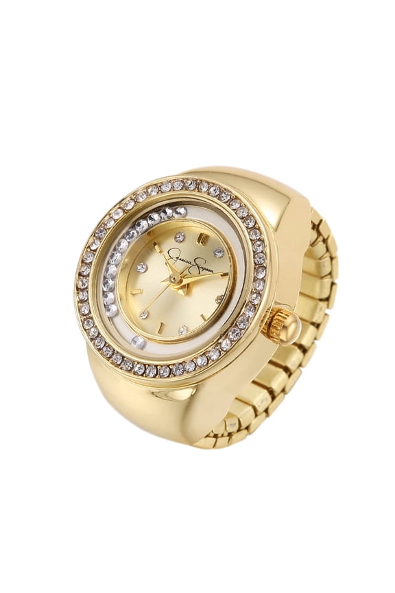 Women's Gold Adjustable Ring Watch – Crystal Bezel, Quartz Analog Mini Dial, Stretch Band Fashion Jewelry Accessory