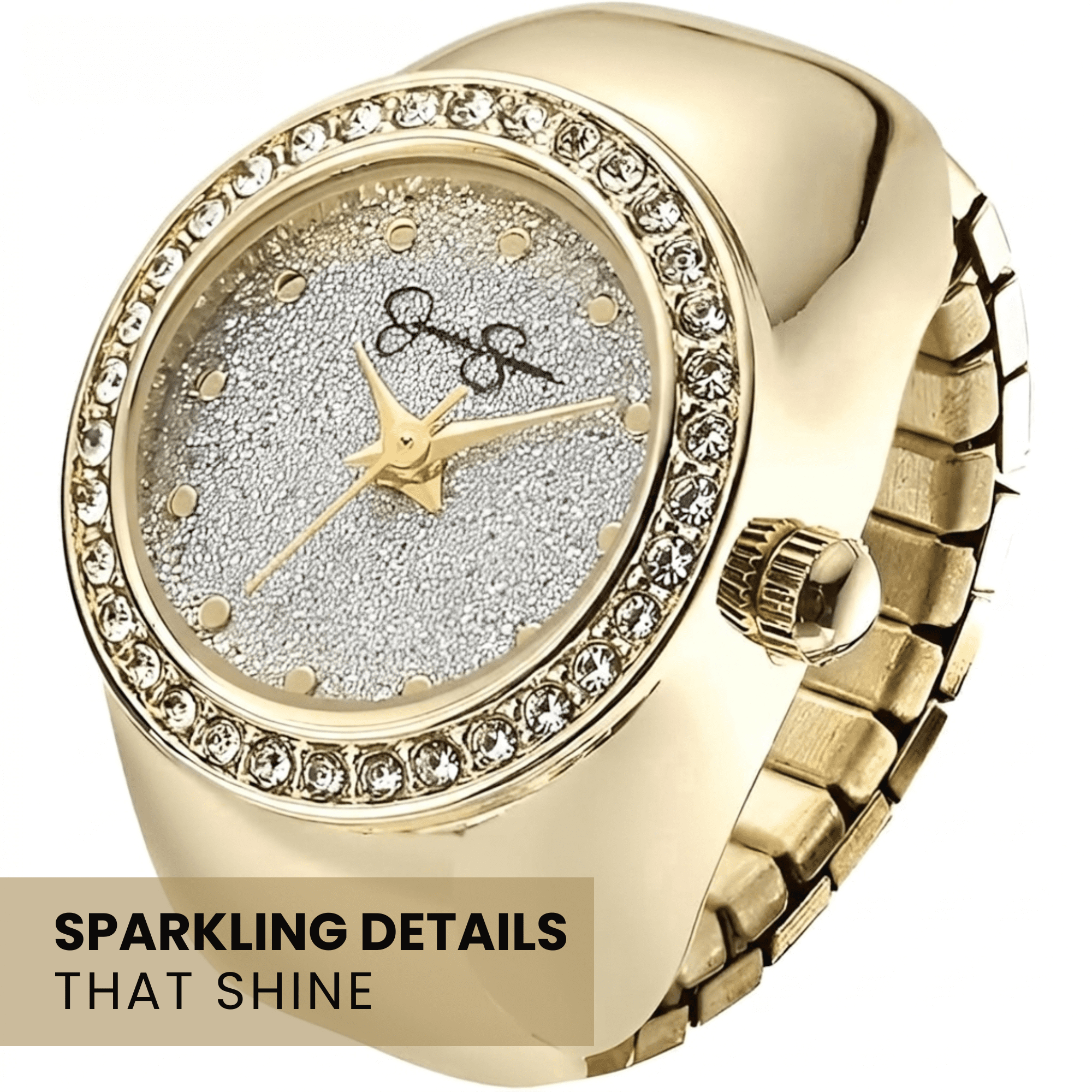 Jessica Simpson Women's Gold Adjustable Ring Watch – Crystal Bezel, Quartz Analog Mini Dial, Stretch Band Fashion Jewelry Accessory