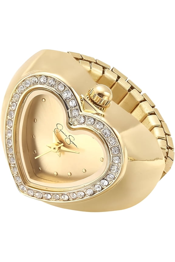 Women's Gold Adjustable Ring Watch – Crystal Heart Shaped Bezel, Quartz Analog Mini Dial, Stretch Band Fashion Jewelry Accessory