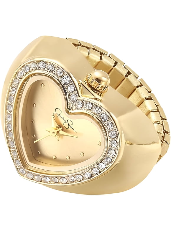 Women's Gold Adjustable Ring Watch – Crystal Heart Shaped Bezel, Quartz Analog Mini Dial, Stretch Band Fashion Jewelry Accessory