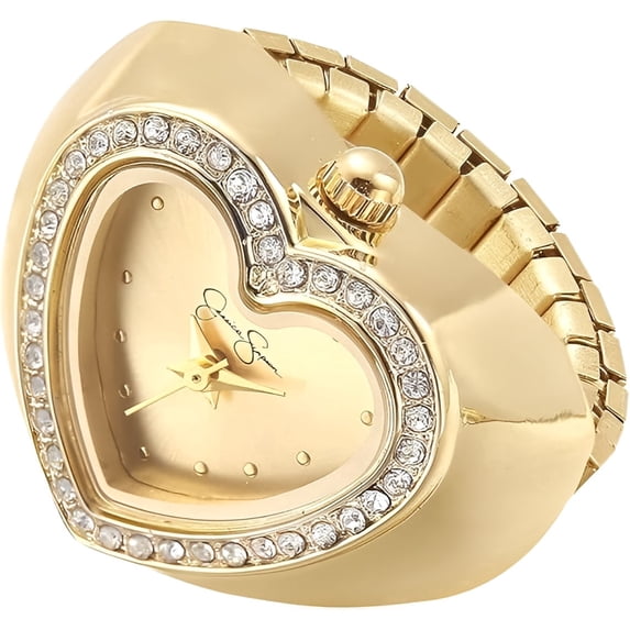 Jessica Simpson Women's Gold Adjustable Ring Watch – Crystal Heart Shaped Bezel, Quartz Analog Mini Dial, Stretch Band Fashion Jewelry Accessory