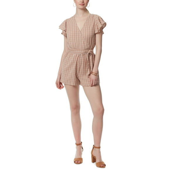 Jessica Simpson Women's Ilona Printed Flutter Sleeve Tie Waist Romper Brown Size Large