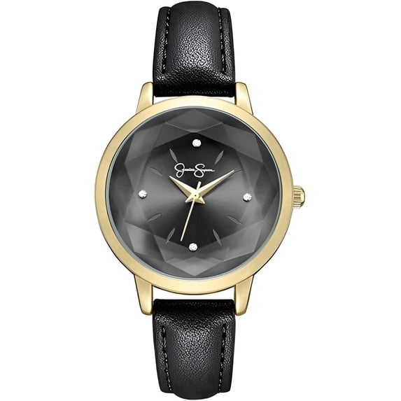 Jessica Simpson Women’s Black Watch – Leather Band Dress Watch with Faceted Crystal Dial, Quartz Movement, Elegant Fashion Wristwatch for Women