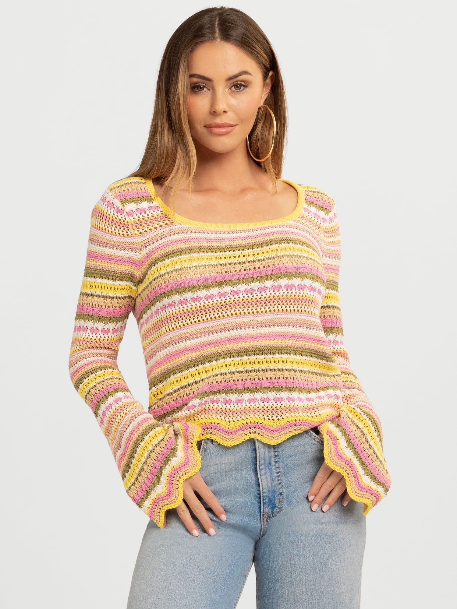 Jessica Simpson Women's Lilianna Cotton Pointelle Sweater with Long Sleeves, Lightweight, Sizes XS-X4