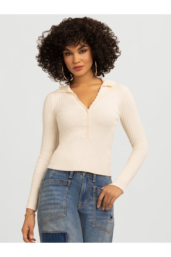 Women's and Women's Plus Luanne Polo Sweater with Long Sleeves, Lightweight, Sizes XS-4X