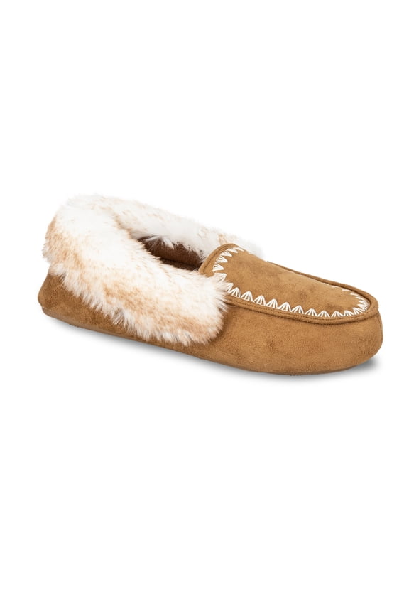 Microsuede Whipstitch Tipped Faux-Fur Moccasin Slipper