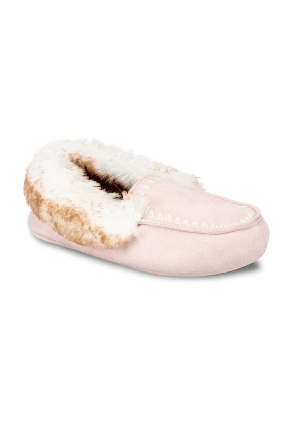 Microsuede Whipstitch Tipped Faux-Fur Moccasin Slipper
