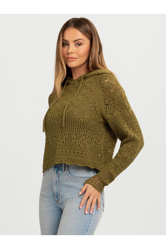 Women's Mikaela Pointelle Hoodie Sweater with Long Sleeves, Lightweight, Sizes XS-XL