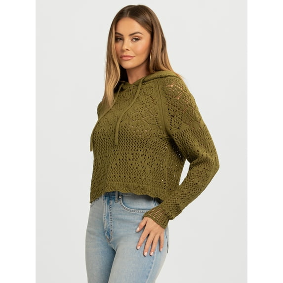 Jessica Simpson Women's Mikaela Pointelle Hoodie Sweater with Long Sleeves, Lightweight, Sizes XS-XL