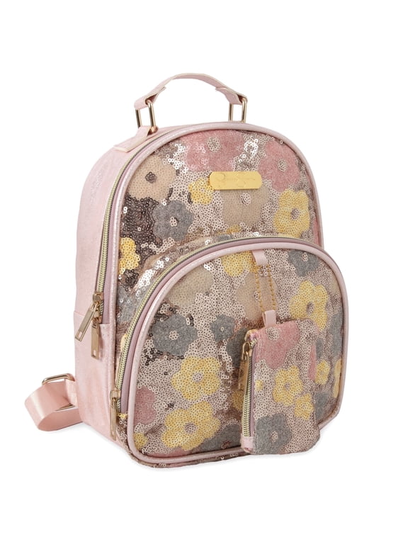 Women's Mini Backpack, 10 Inch Handbag with Keychain Coin Purse for Travel, Commute, Party, Festival (Floral Sequins)