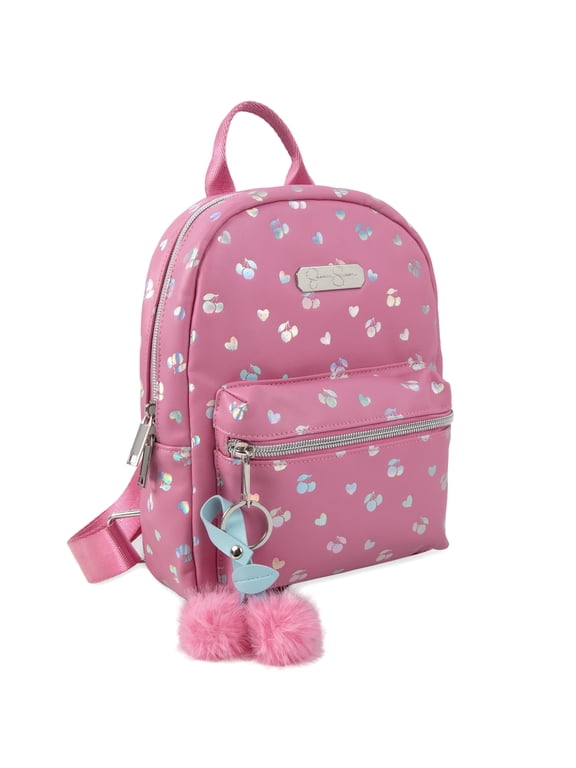 Women's Mini Backpack, 10 Inch Vinyl Handbag Purse with Plush Keychain for Travel, Commute, Party, Festival (Pink Metallic Hearts & Cherries)