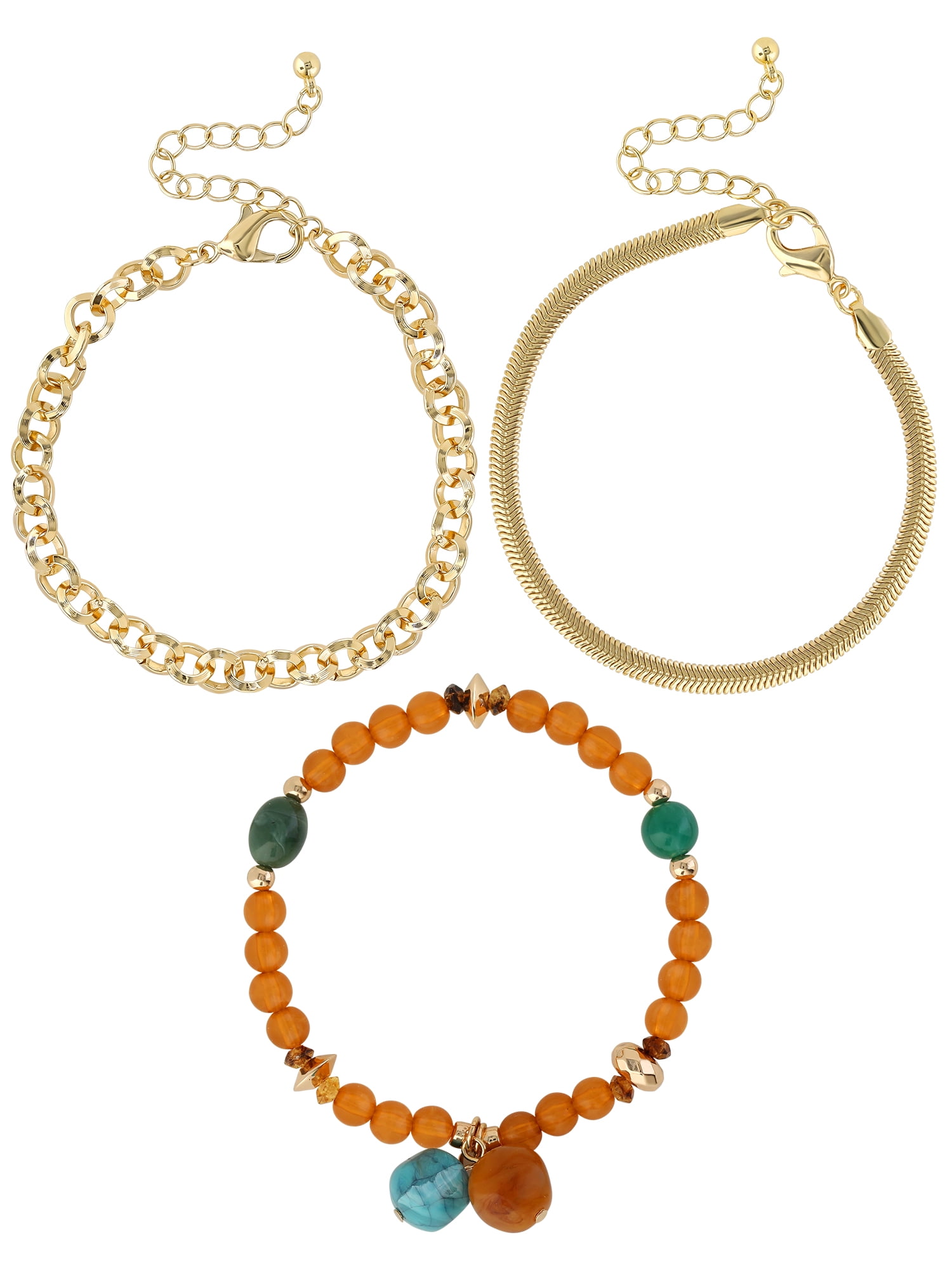 Jessica Simpson Women's Gold-Tone Multi-Bead Bracelet Stack, 3 Pack