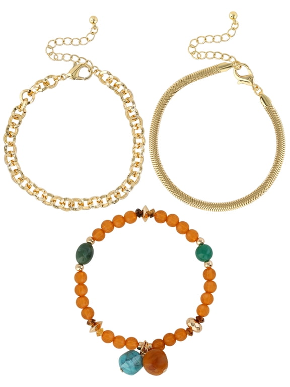 Women's Gold-Tone Multi-Bead Bracelet Stack, 3 Pack