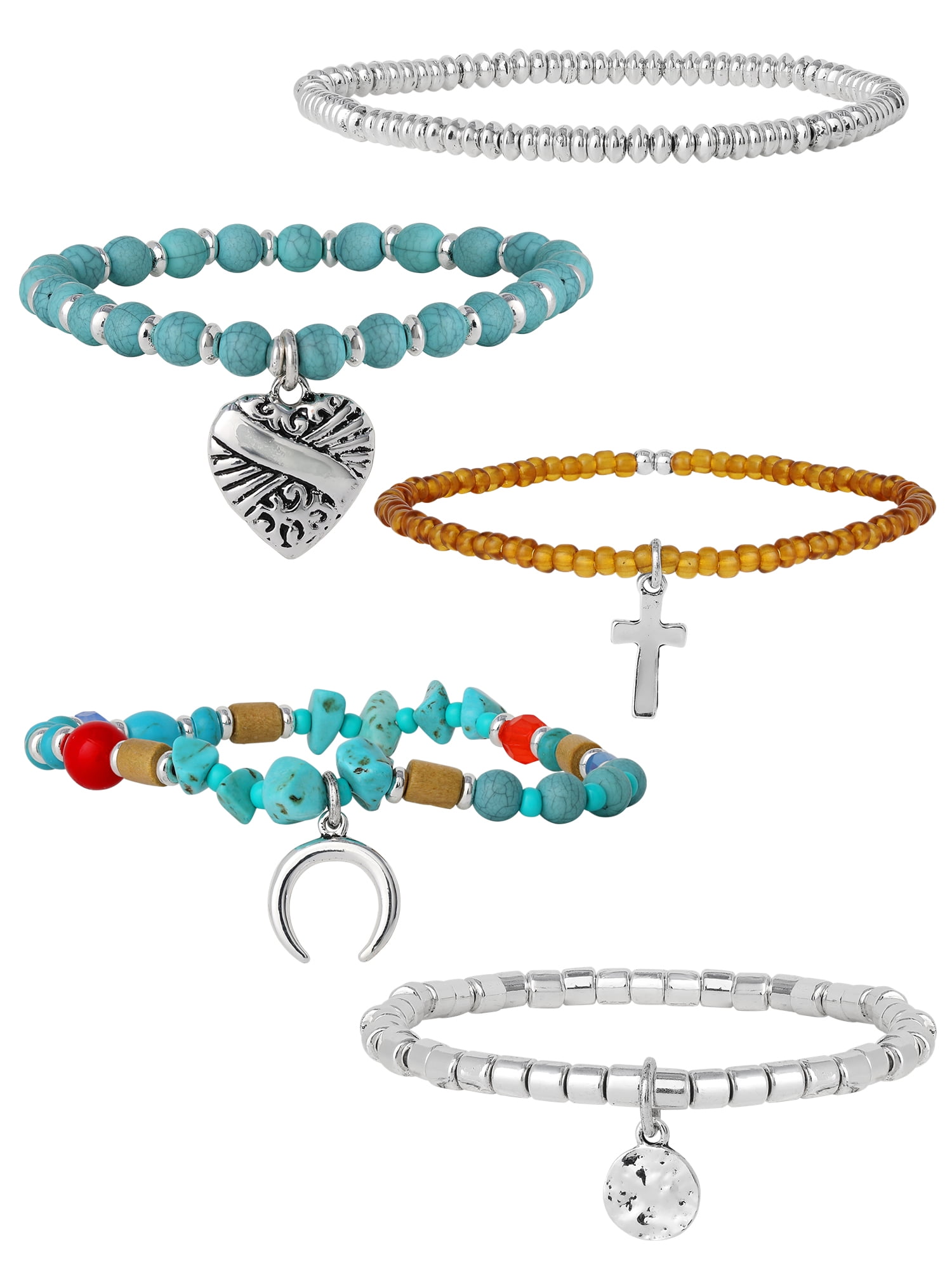 Jessica Simpson Women's 5-Pack Multi Bead Bracelet Stack with Charm Details