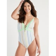 Jessica Simpson Women's One Piece Textured Swimsuit with Lace Up Front, Sizes XS-XXL