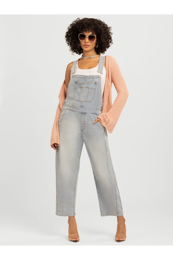 Women's Cropped Barrel Leg Denim Overalls, 26" Inseam, Size XS-XL