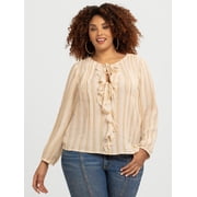 Women's Plus Hilaria Cotton Ruffle Top with Long Sleeves, Sizes 0X-4X
