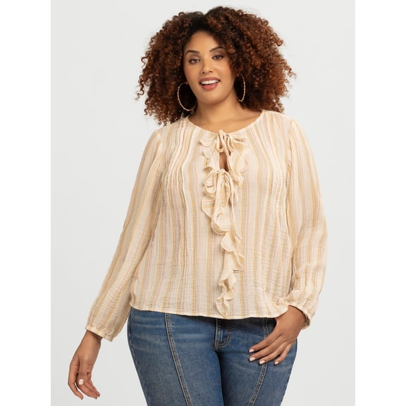 Jessica Simpson Women's Plus Hilaria Cotton Ruffle Top with Long Sleeves, Sizes 0X-4X