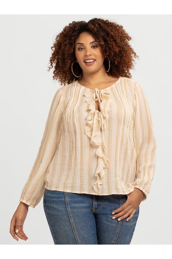 Women's Plus Hilaria Cotton Ruffle Top with Long Sleeves, Sizes 0X-4X
